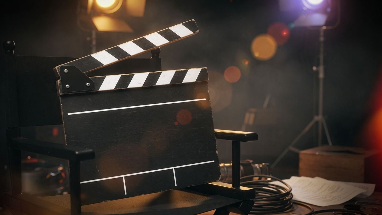 Movie clapperboard on film production set