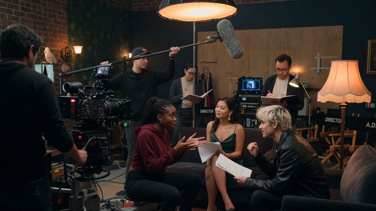 Students rehearsing on a professional film set